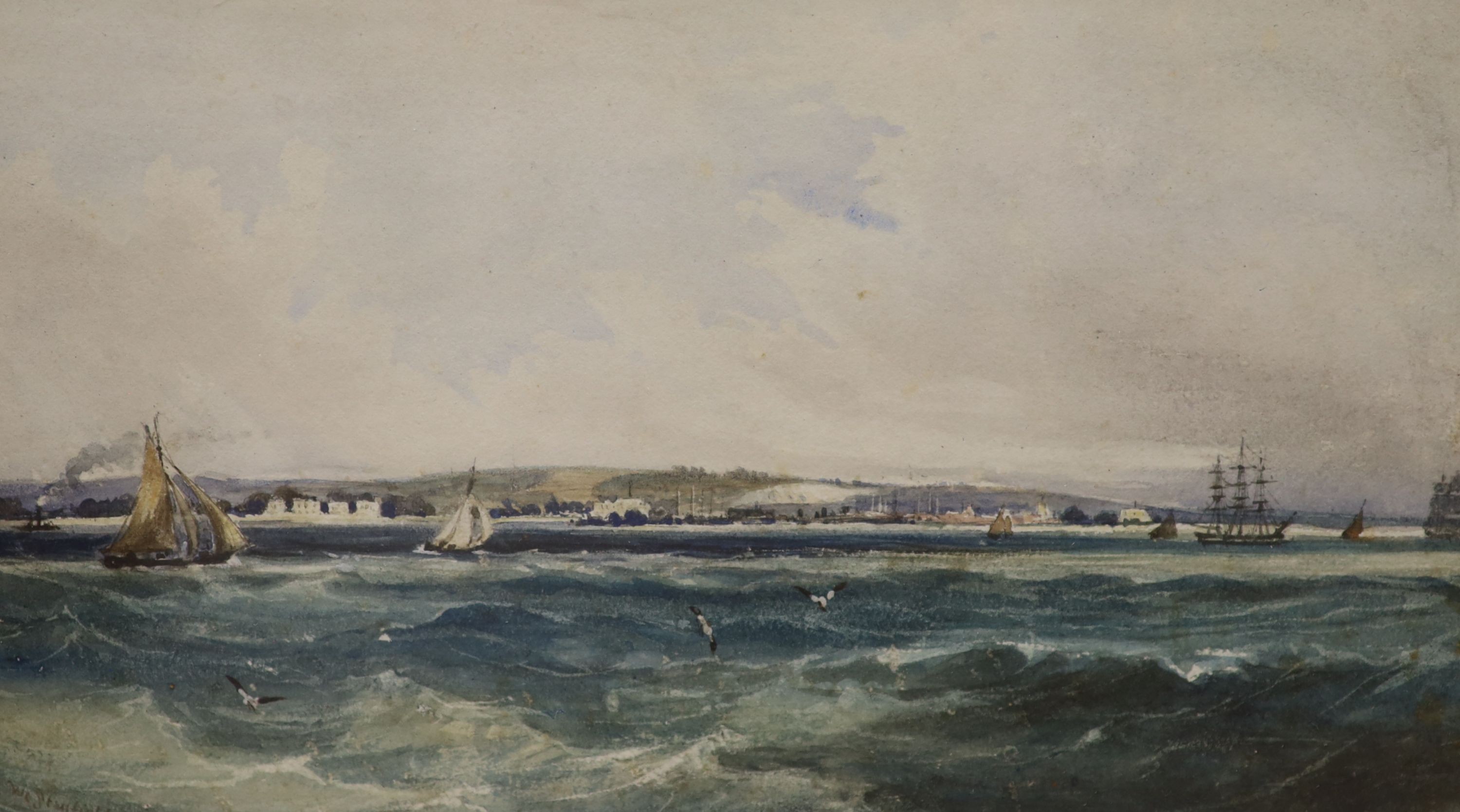 William Clarkson Stanfield RA (1793-1867), watercolour, Shipping off the coast, signed, Agnews label verso, 14 x 24cm.